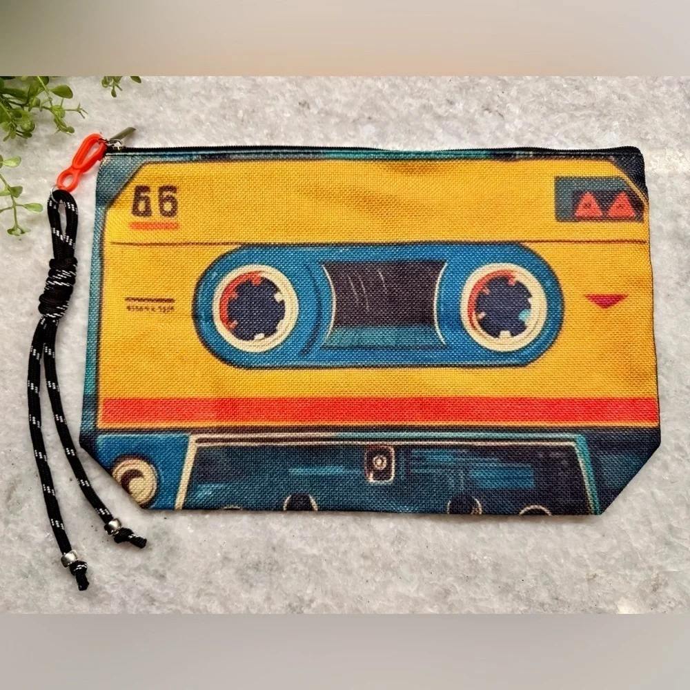 New Cassette Tape Retro 80s 90s Style Makeup Tech Pencil Bag w/ Charm - 10.5”